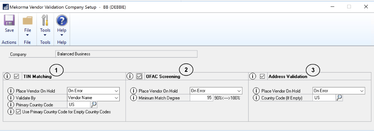 Screenshot showing Vendor Validation in version x96 of Mekorma for MS Dynamics GP