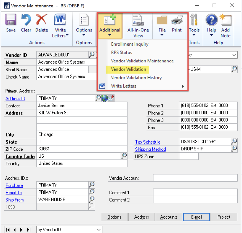 A screenshot shows the individual vendor validation screen in MS Dynamics GP.