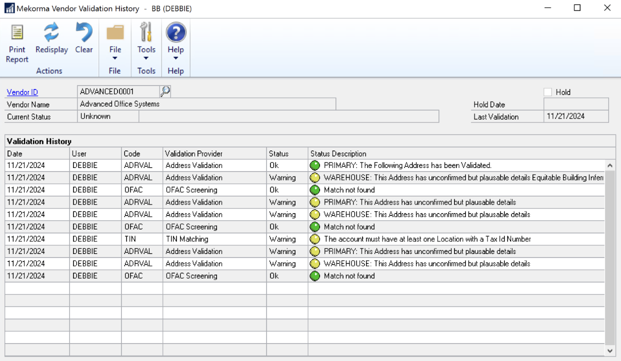 A screenshot shows the Validation history screen from MS Dynamics GP in Mekorma x96