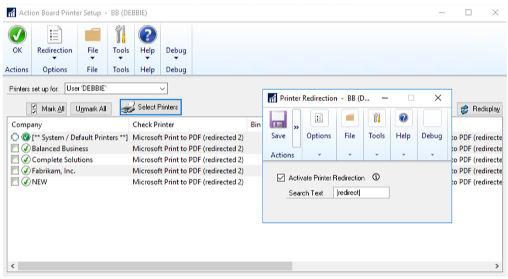 Action Board Printer Setup Window